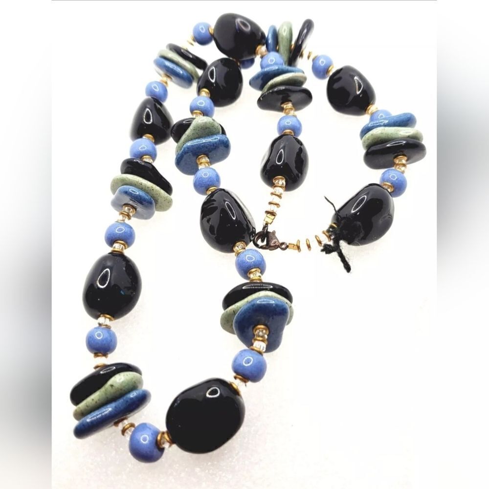 Vintage Artisian Art Glass & Stone Bead 23"  Necklace Blue, Black,Green colors